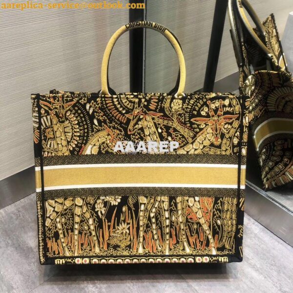 Replica Dior Book Tote Yellow Black Animals Embroidered Canvas Bag M12 7