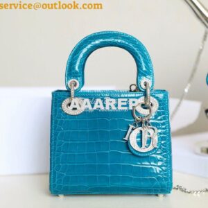 Replica Dior Crocodile Leather Mini Lady Dior Bag with Crystals in Blu 2