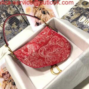 Replica Dior M0446 Dior Saddle Bag Red Toile de Jouy Reverse Jacquard