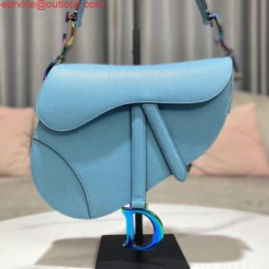 Replica Dior M0446 Dior Saddle Bag Light Blue Grained Calfskin Blue logo