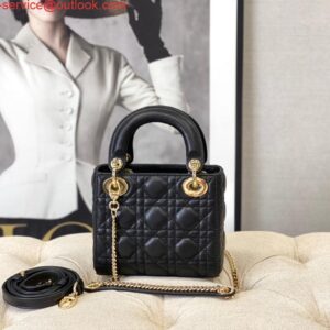 Replica Dior M0505 Mini Dior Lady Bag Black Cannage lambskin Gold 2