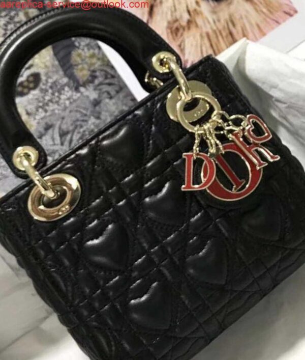 Replica Dior M0505 Mini Dior Lady Bag Black Cannage lambskin Gold with Red Logo 6