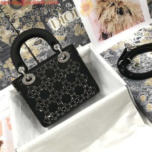 Replica Dior M0505 Mini Dior Lady Bag Black Metallic Cannage Lambskin with Beaded Embroidery