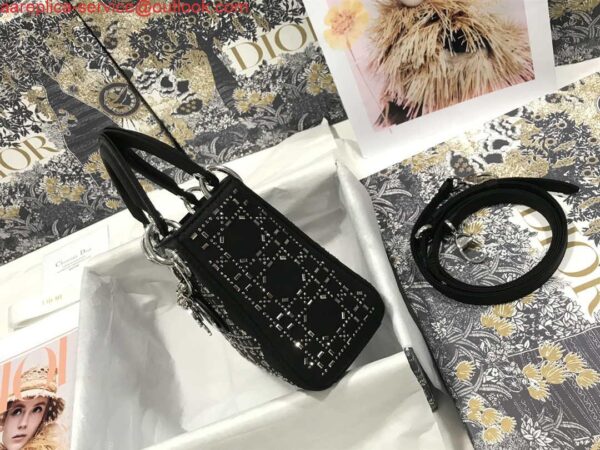 Replica Dior M0505 Mini Dior Lady Bag Black Metallic Cannage Lambskin with Beaded Embroidery 4