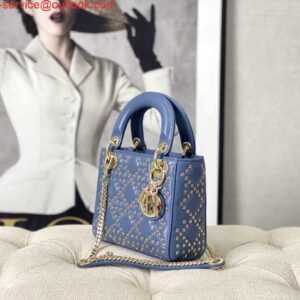 Replica Dior M0505 Mini Dior Lady Bag Blue Metallic Cannage Lambskin with Beaded Embroidery