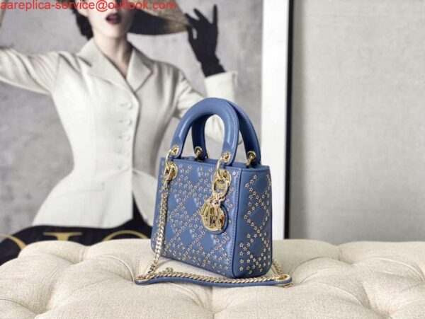 Replica Dior M0505 Mini Dior Lady Bag Blue Metallic Cannage Lambskin with Beaded Embroidery 3