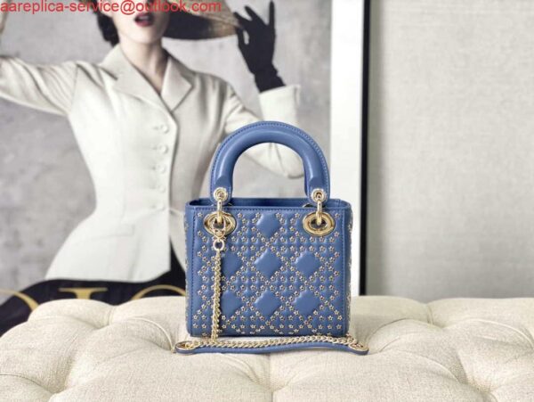 Replica Dior M0505 Mini Dior Lady Bag Blue Metallic Cannage Lambskin with Beaded Embroidery 4