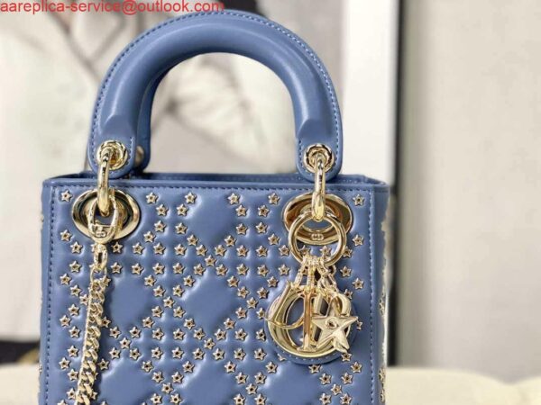 Replica Dior M0505 Mini Dior Lady Bag Blue Metallic Cannage Lambskin with Beaded Embroidery 5