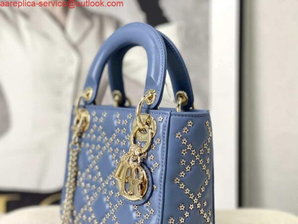 Replica Dior M0505 Mini Dior Lady Bag Blue Metallic Cannage Lambskin with Beaded Embroidery 7