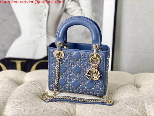 Replica Dior M0505 Mini Dior Lady Bag Blue Metallic Cannage Lambskin with Beaded Embroidery 8