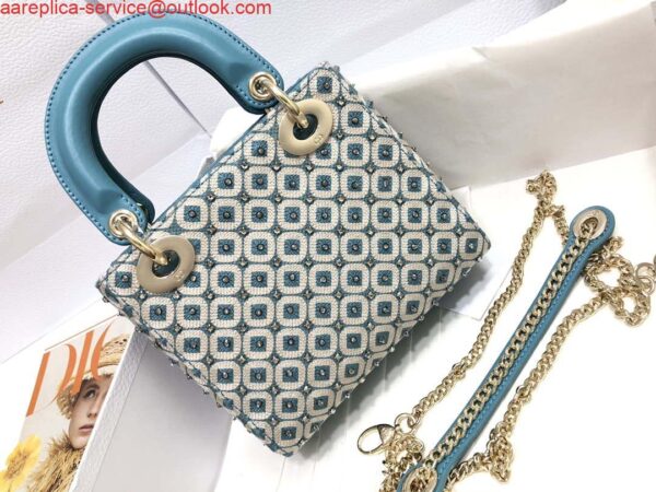 Replica Dior M0505 Mini Dior Lady Bag Blue Metallic Cannage Lambskin with Embroidered Check Beads