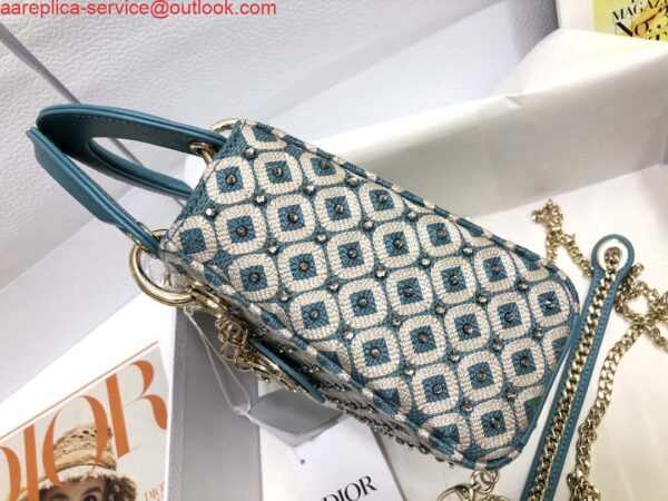 Replica Dior M0505 Mini Dior Lady Bag Blue Metallic Cannage Lambskin with Embroidered Check Beads 2