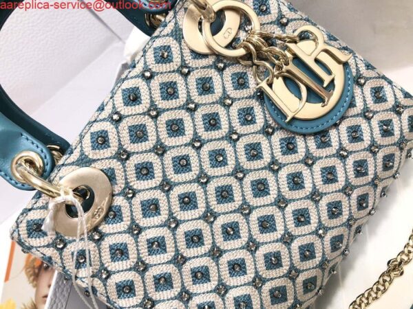 Replica Dior M0505 Mini Dior Lady Bag Blue Metallic Cannage Lambskin with Embroidered Check Beads 4