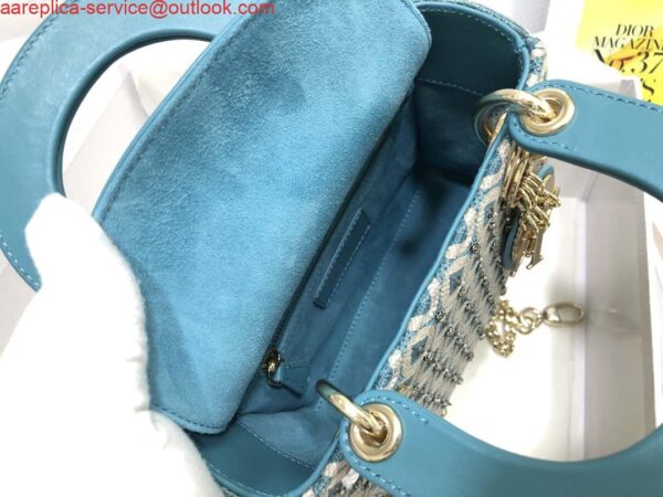 Replica Dior M0505 Mini Dior Lady Bag Blue Metallic Cannage Lambskin with Embroidered Check Beads 7