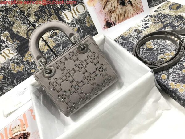 Replica Dior M0505 Mini Dior Lady Bag Gray Metallic Cannage Lambskin with Beaded Embroidery 3