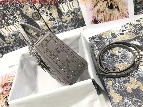 Replica Dior M0505 Mini Dior Lady Bag Gray Metallic Cannage Lambskin with Beaded Embroidery 4