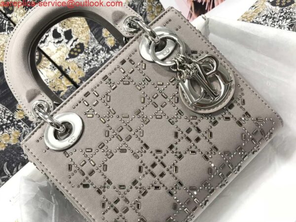 Replica Dior M0505 Mini Dior Lady Bag Gray Metallic Cannage Lambskin with Beaded Embroidery 6