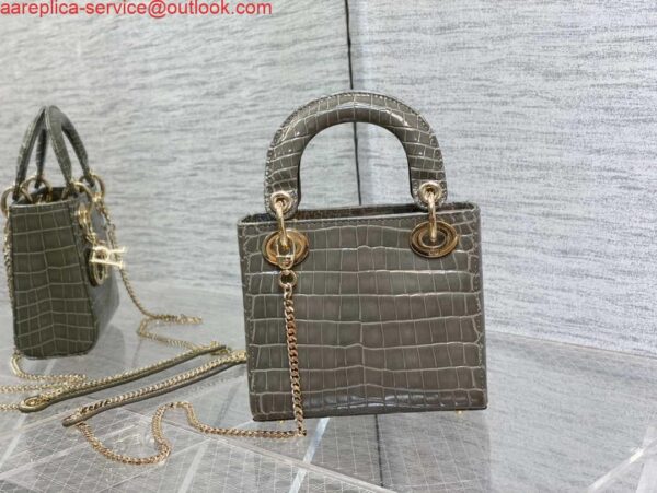 Replica Dior M0505 Mini Dior Lady Bag Kaki Cannage Crocodile Gold 6