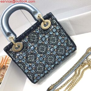 Replica Dior M0505 Mini Dior Lady Bag Metallic Calfskin and Satin with Celestial Blue Bead Embroidery