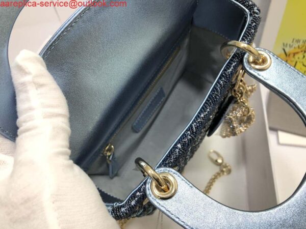 Replica Dior M0505 Mini Dior Lady Bag Metallic Calfskin and Satin with Celestial Blue Bead Embroidery 7