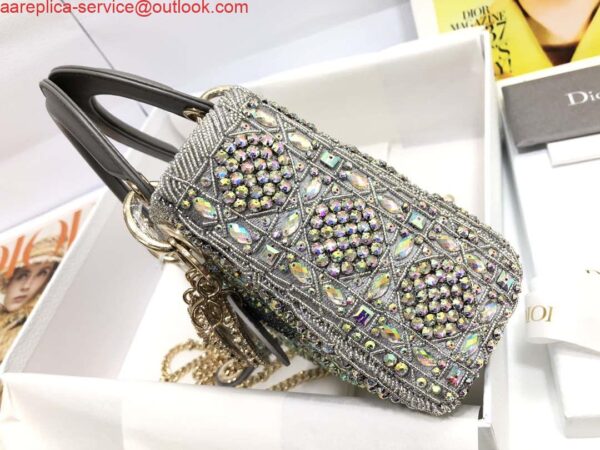 Replica Dior M0505 Mini Dior Lady Bag Metallic Calfskin and Satin with Gray Resin Pearl Embroidery 2