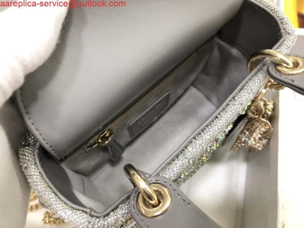 Replica Dior M0505 Mini Dior Lady Bag Metallic Calfskin and Satin with Gray Resin Pearl Embroidery 7