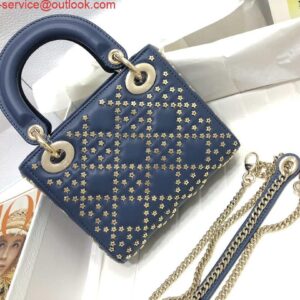 Replica Dior M0505 Mini Dior Lady Bag Navy Blue Metallic Cannage Lambskin with Beaded Embroidery