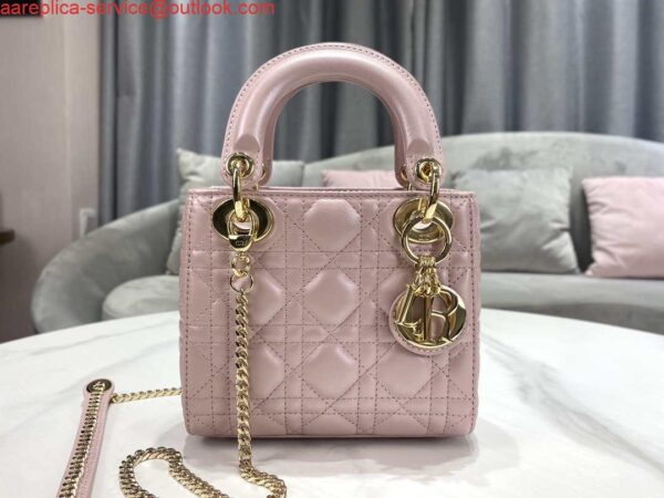 Replica Dior M0505 Mini Dior Lady Bag Pink Cannage lambskin Gold 4