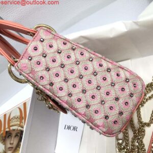 Replica Dior M0505 Mini Dior Lady Bag Pink Metallic Cannage Lambskin with Embroidered Check Beads 2