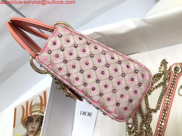 Replica Dior M0505 Mini Dior Lady Bag Pink Metallic Cannage Lambskin with Embroidered Check Beads 4