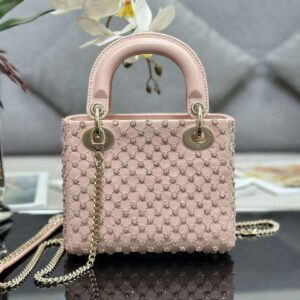 Replica Dior M0505 Mini Lady Bag Metallic Cannage Lambskin Embroidery plum blossom beads Pink