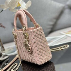 Replica Dior M0505 Mini Lady Bag Metallic Cannage Lambskin Embroidery plum blossom beads Pink 2