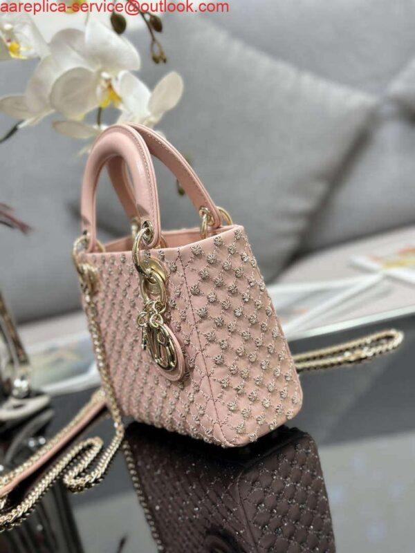 Replica Dior M0505 Mini Lady Bag Metallic Cannage Lambskin Embroidery plum blossom beads Pink 4