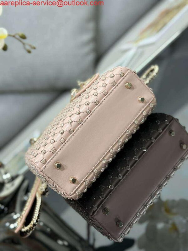 Replica Dior M0505 Mini Lady Bag Metallic Cannage Lambskin Embroidery plum blossom beads Pink 5