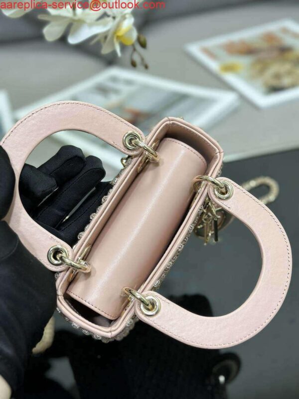 Replica Dior M0505 Mini Lady Bag Metallic Cannage Lambskin Embroidery plum blossom beads Pink 8