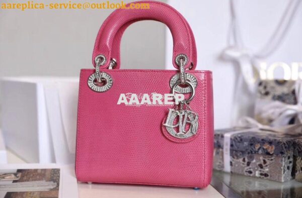 Replica Dior Lizard Leather Mini Lady Dior Bag with Crystals in Pink 4