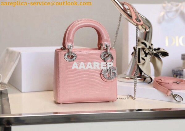 Replica Dior Lizard Leather Mini Lady Dior Bag with Crystals in Sakura 3