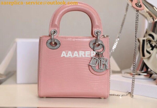 Replica Dior Lizard Leather Mini Lady Dior Bag with Crystals in Sakura 4