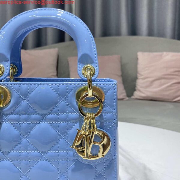 Replica Dior M0505 Mini Lady Dior Bag chrysanthemum Blue Patent Cannage Calfskin 5