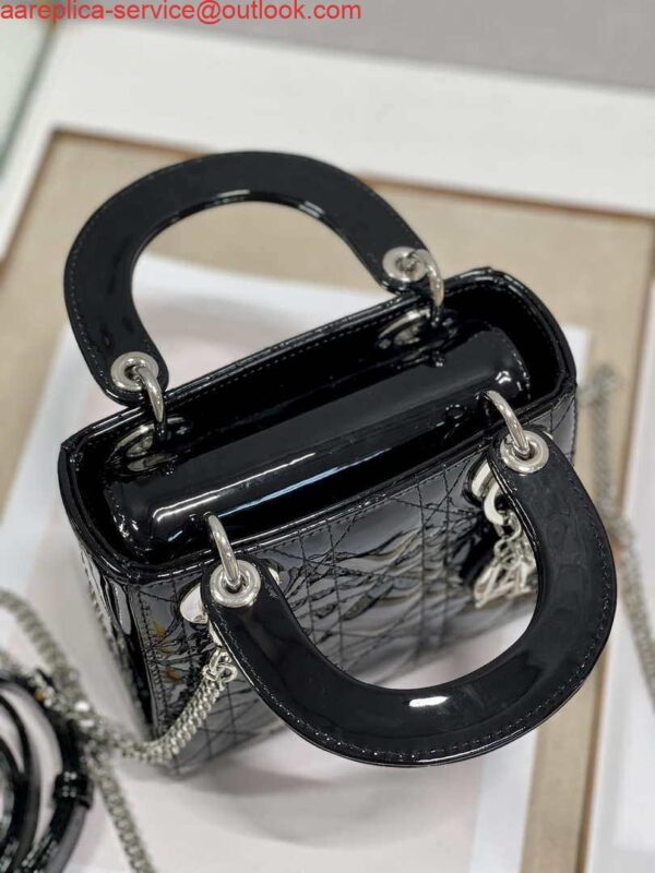 Replica Dior Mini Lady Dior Bag M0505 Black Patent Cannage Calfskin Silver 6