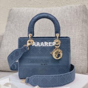 Replica Dior Medium Dark Denim Lady D-lite Embroidered Cannage Bag M05