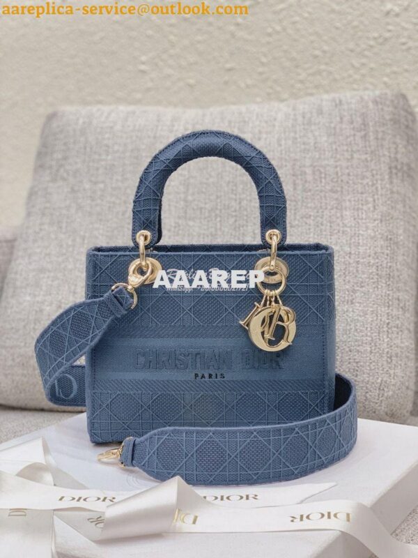 Replica Dior Medium Dark Denim Lady D-lite Embroidered Cannage Bag M05 3