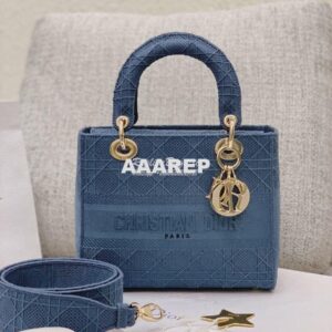 Replica Dior Medium Dark Denim Lady D-lite Embroidered Cannage Bag M05 2