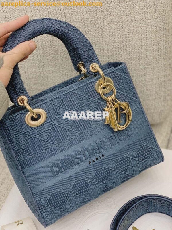 Replica Dior Medium Dark Denim Lady D-lite Embroidered Cannage Bag M05 5