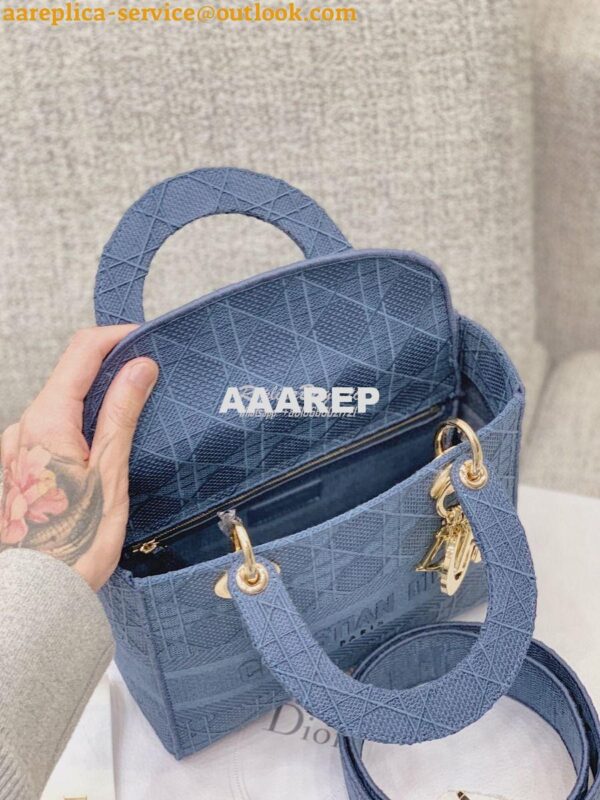 Replica Dior Medium Dark Denim Lady D-lite Embroidered Cannage Bag M05 11