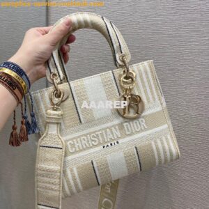 Replica Dior Medium Lady D-lite Bag Beige D-Stripes Embroidery