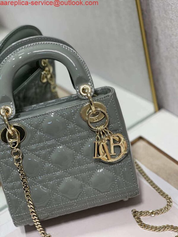 Replica Dior M0505 Mini Lady Dior Bag Gray Patent Cannage Calfskin 3