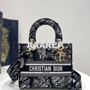 Replica Dior Medium Lady D-Lite Bag Black and White Plan de Paris Embr