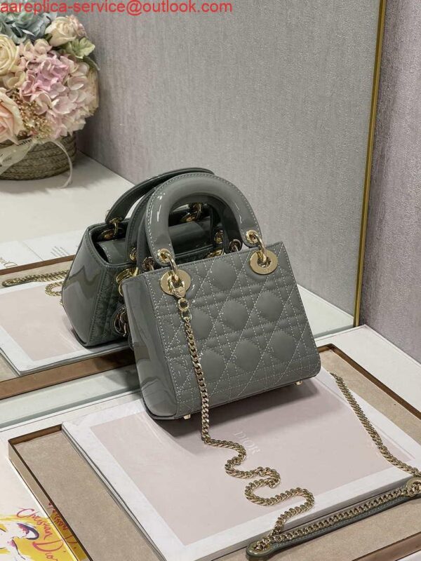 Replica Dior M0505 Mini Lady Dior Bag Gray Patent Cannage Calfskin 8