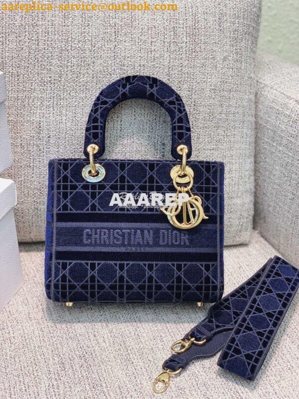 Replica Dior Medium Lady D-lite Bag Blue Cannage Embroidered Velvet M0 3